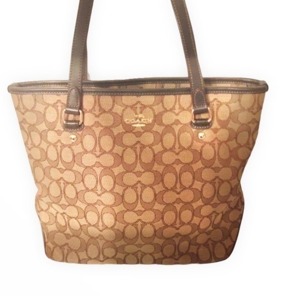 Coach brown khaki sig jacquard & leather tote bag